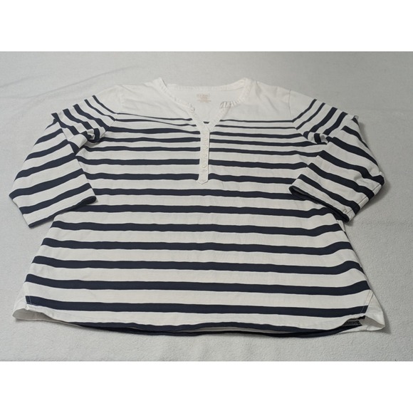 LL Bean Tops - LL Bean Large Top Striped 3/4 Sleeve Button Cotton Blouse White Blue Nautical